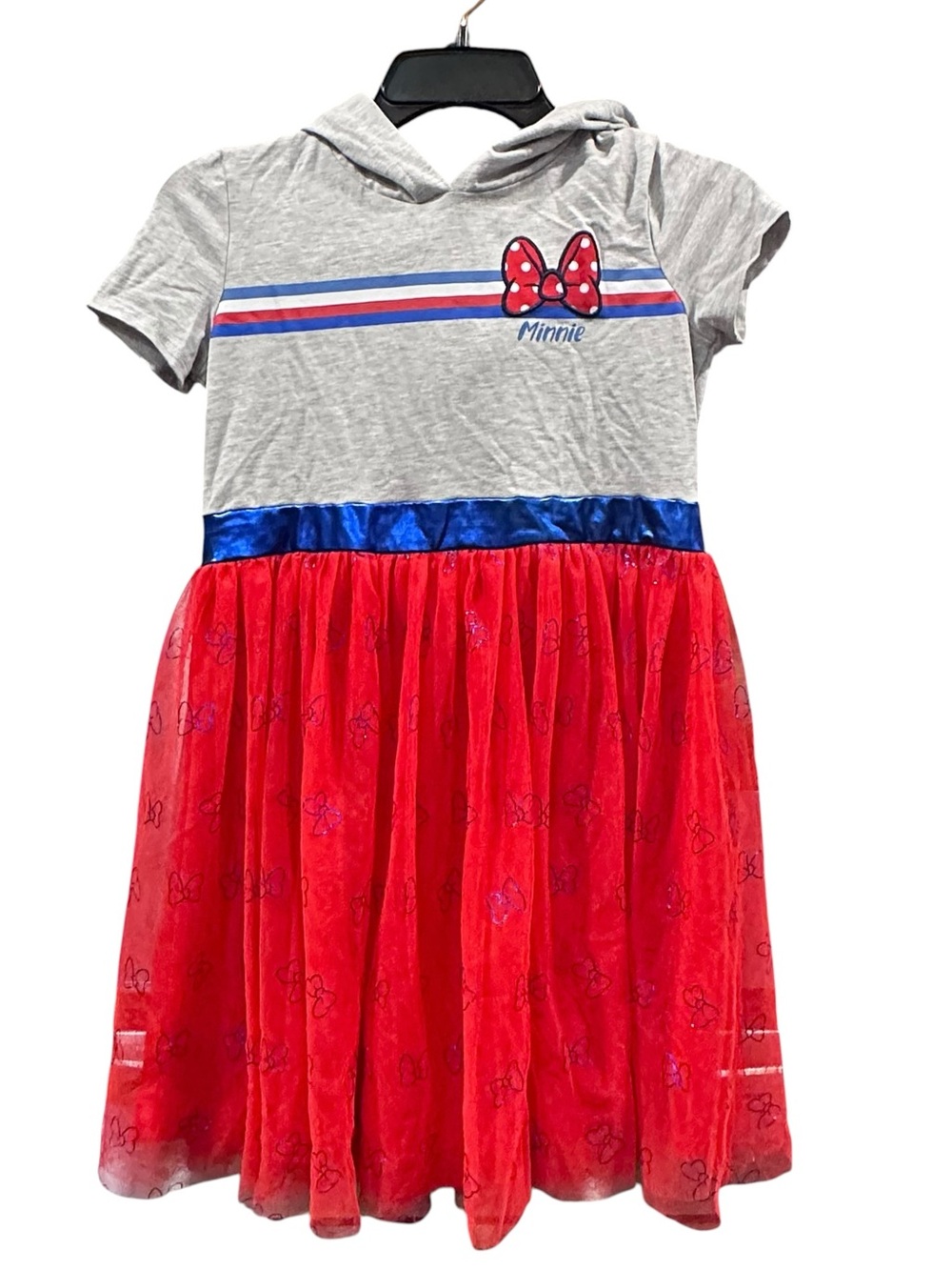 Disney Minnie Mouse Hooded Tulle Dress Girls XL 14 Red‎ Gray Glitter Bow Cute